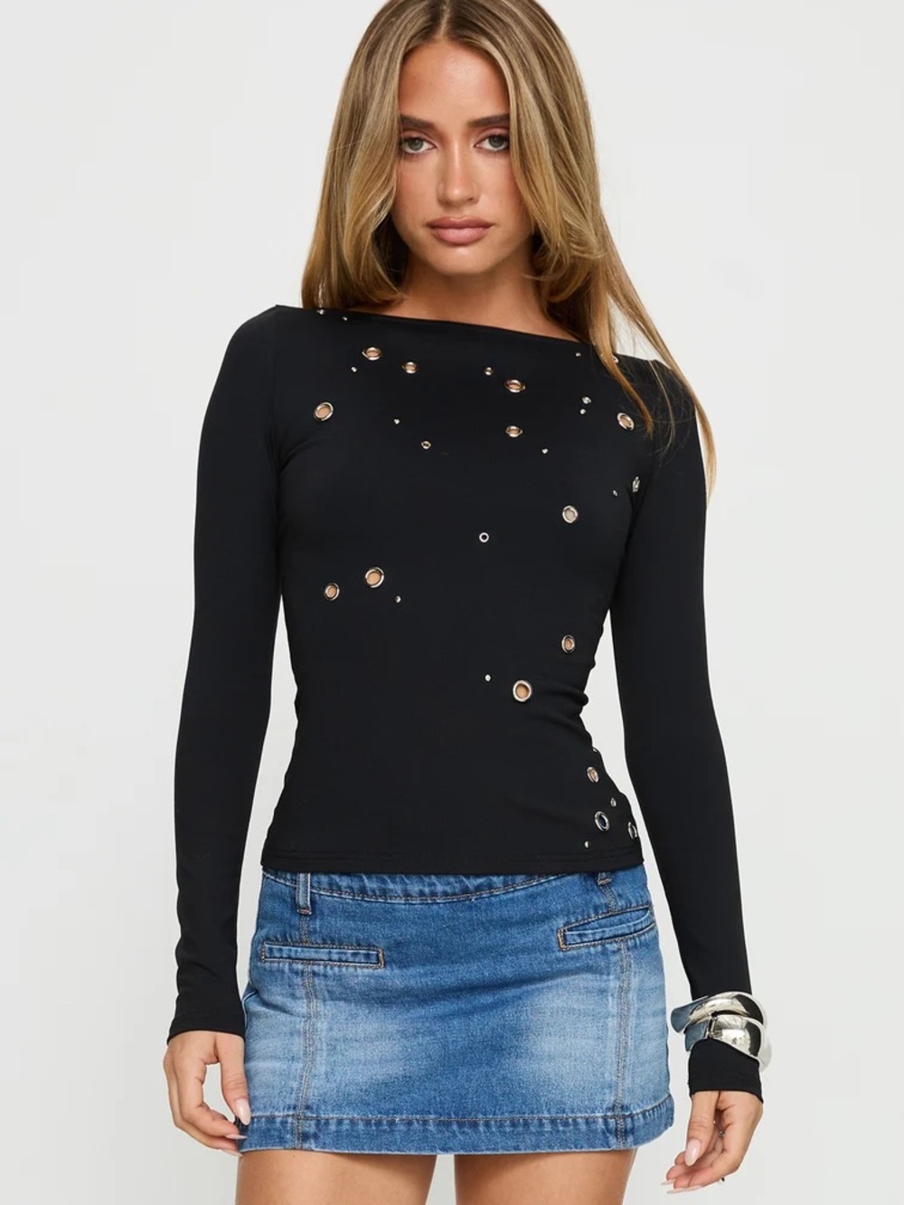 Princess Polly Black Long-Sleeve Eyelet Accent Tee